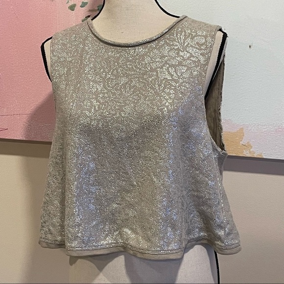 Free People Metallic Floral Print Cropped Tank Top Silver Size Small Boho. - Picture 3 of 9